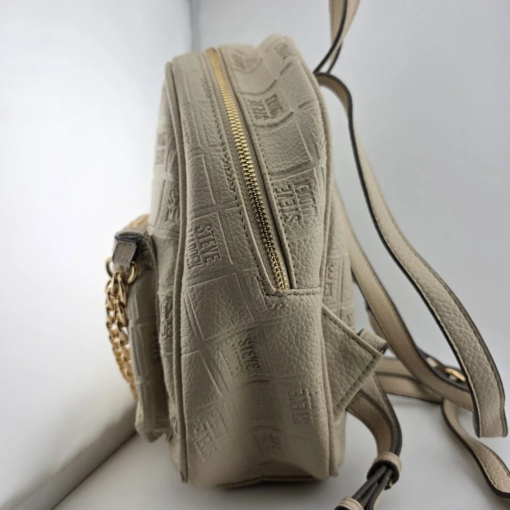 Steve‎ Madden Monogram Embossed Mini Backpack Chain Detail Cream